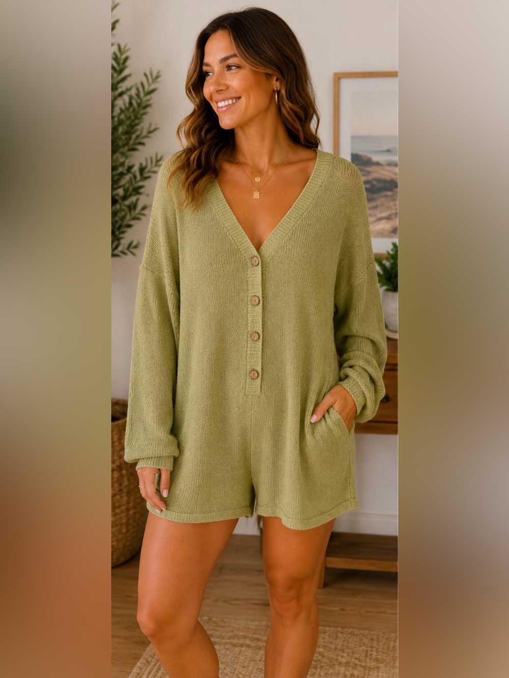 377 FP Beach Free People Green Knit Romper XL Oversized Long Sleeve Button Front
